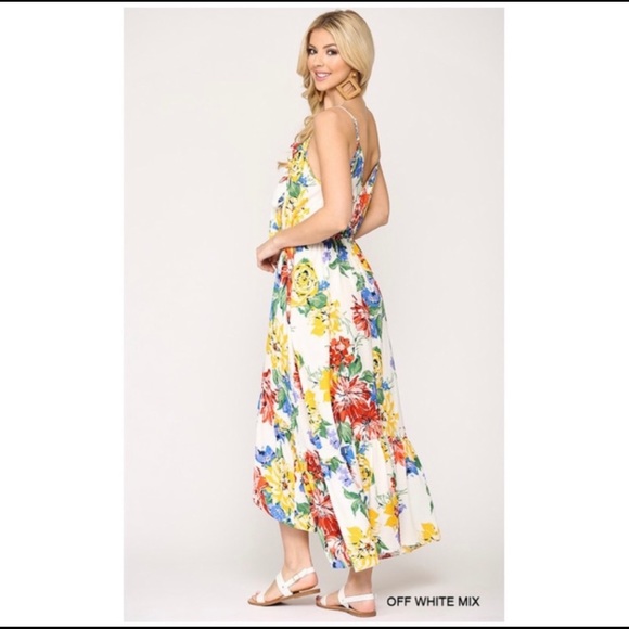 New! Sale 🔥 Beautiful Florals Off white Ruffle Hem and Trim Maxi Hi Lo Dress - Picture 3 of 5